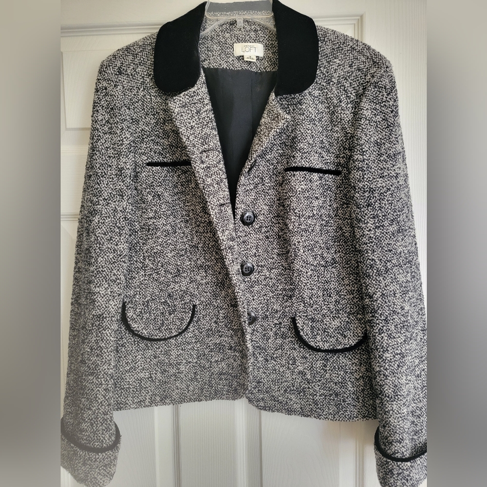 Black & White Tweed Blazer with Velvet Trim